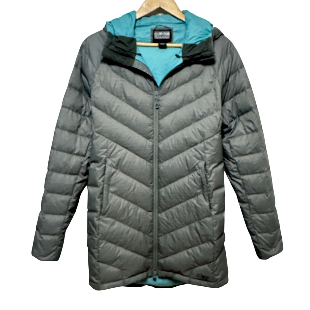 Outdoor Research Emeralda Down Parka Womens Small Gray Hooded Pertex Quantum Pro